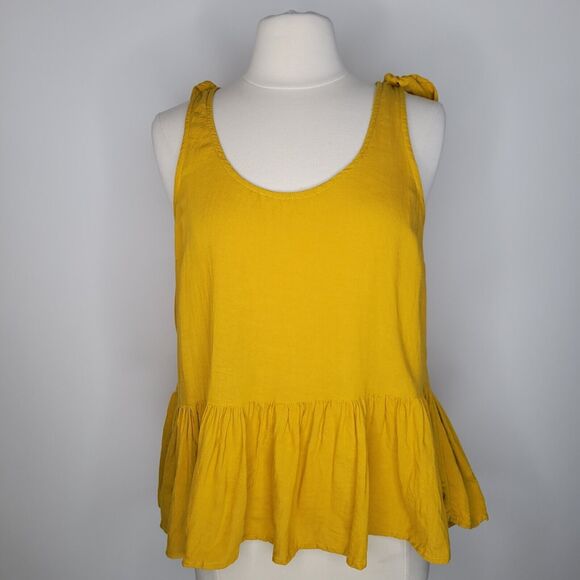 Unbranded Tops - Babydoll Mustard Yellow Top Size M Ruffle Linen Blend Shoulder Bows Sleeveless